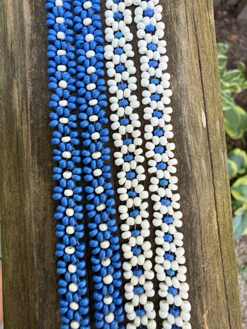 Vintage Seed Bead Flower Necklace Set Blue White Matching Pair